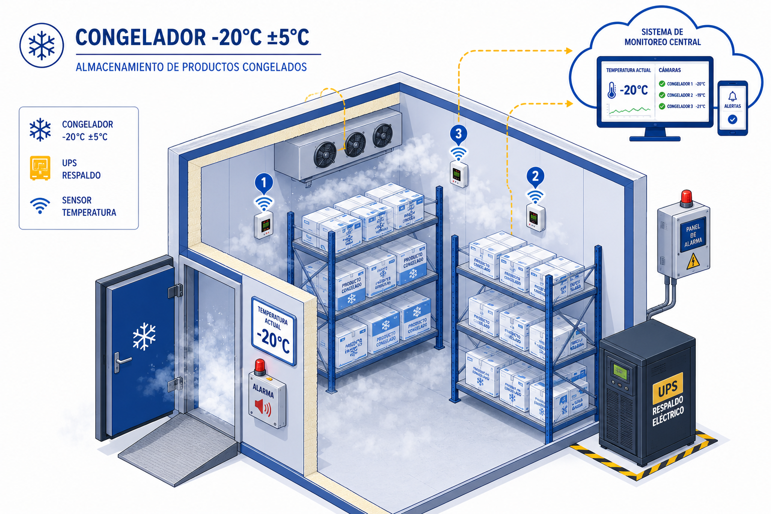 Diagrama isométrico cámara de congelación -20°C con sensores de temperatura y UPS para mapeo térmico Chile