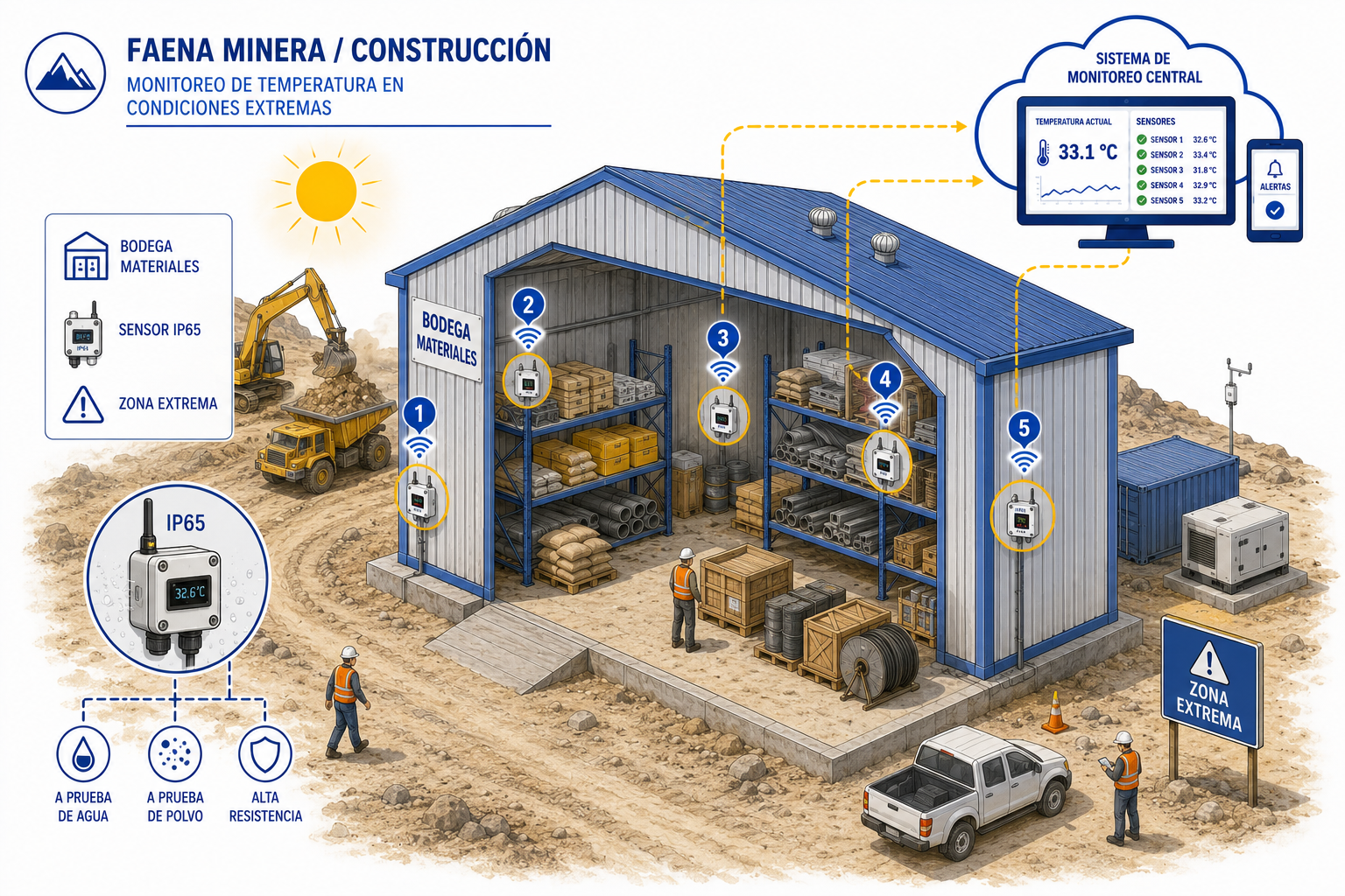 Diagrama isométrico faena minera y de construcción con sensores IP65 de temperatura para monitoreo ambiental Chile