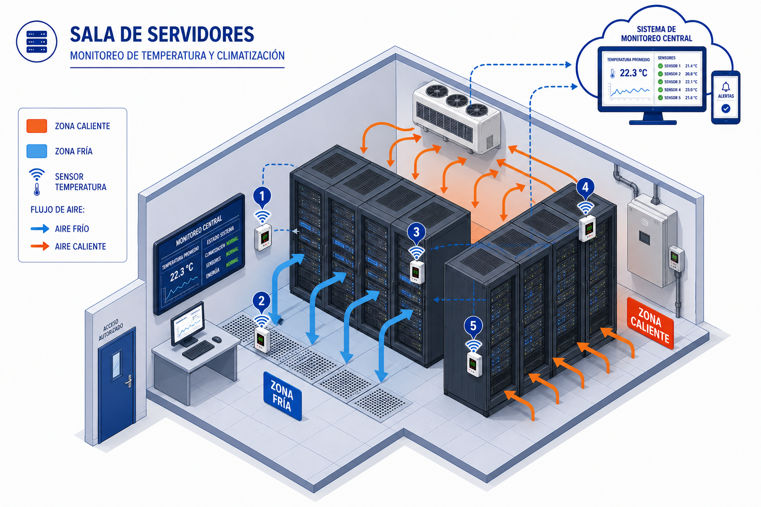 Diagrama isométrico data center con sensores de temperatura y zonas calientes y frías para mapeo térmico Chile