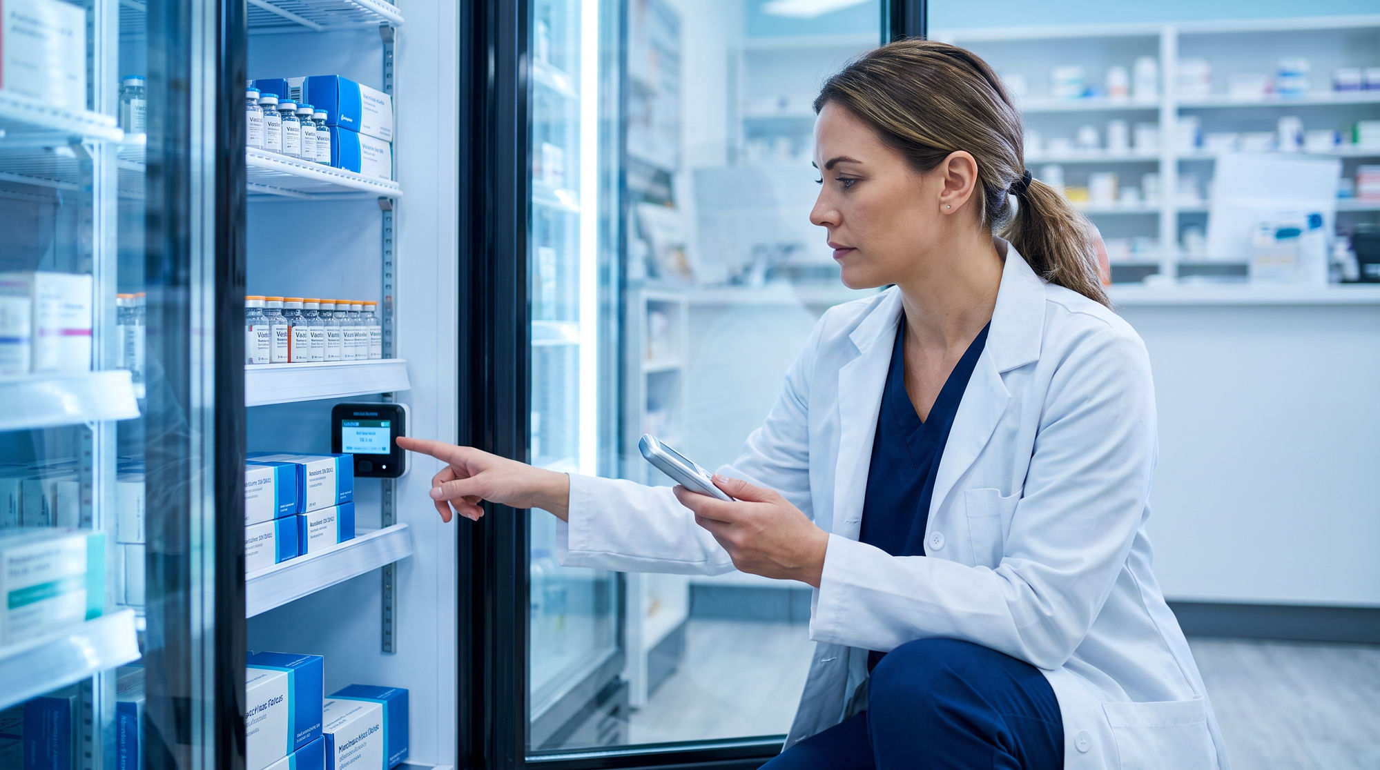 Farmacéutica verificando la lectura de un data logger en un refrigerador de vacunas
