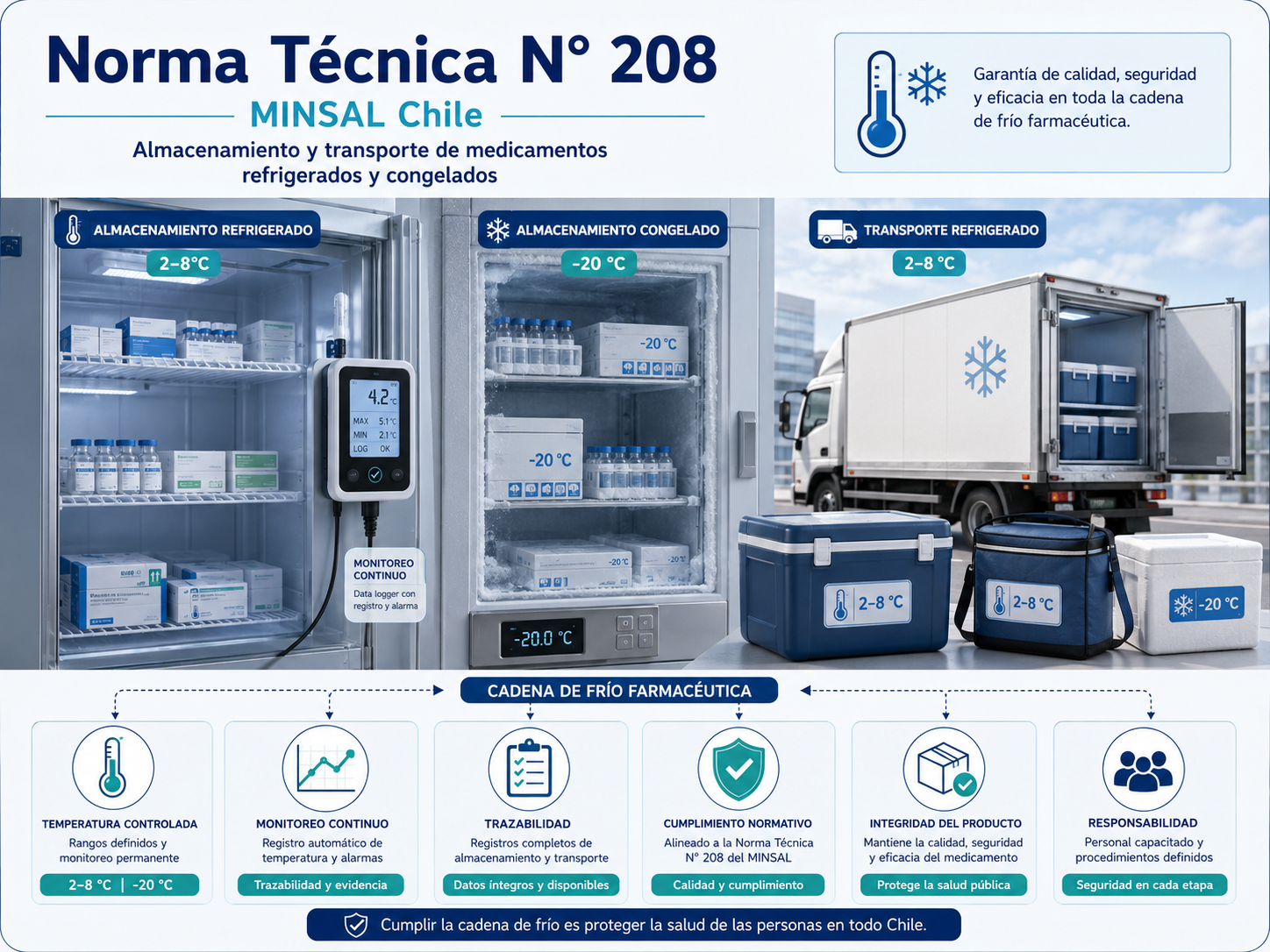 Profesional de salud accediendo a un refrigerador de vacunas en un centro de salud, cumpliendo NT 208
