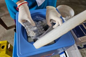 Profesional de salud con guantes retirando dosis de un refrigerador de vacunas en un centro de salud