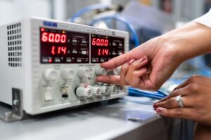 Ingeniera calibrando un instrumento de medición de precisión en laboratorio, contexto de calibración ISO/IEC 17025