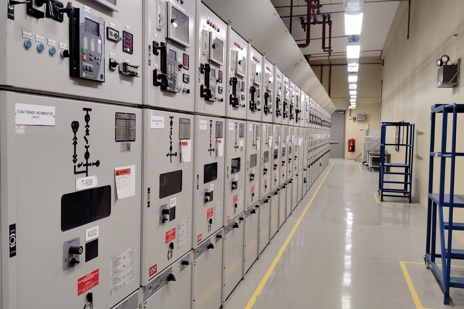 Interior de una sala eléctrica industrial con tableros y gabinetes de control en una faena minera